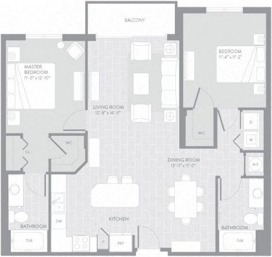 Floor plan for 2 beds, 2 baths, 1116 sqft